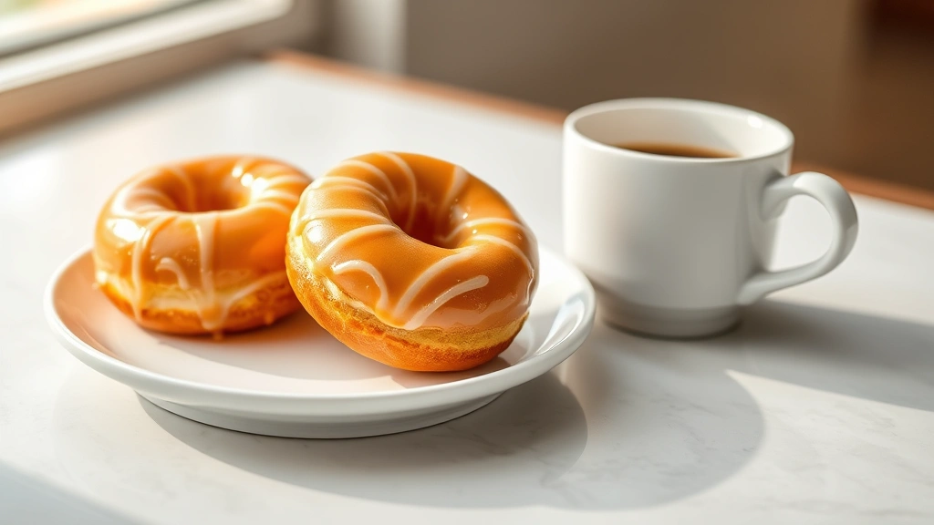 hero: golden glazed gluten-free donuts on a white plate with a cup of coffee, photorealistic, natural morning light, no text, shallow depth of field