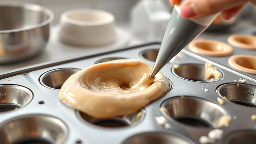 process: piping donut batter into a donut pan, photorealistic, bright kitchen lighting, no text, close angle showing technique