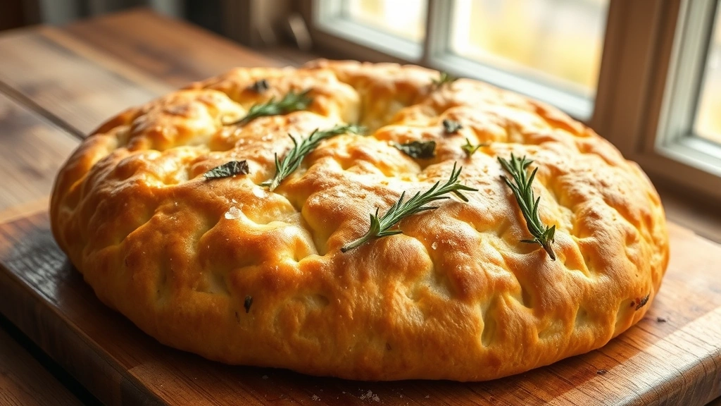 hero: golden-brown gluten-free focaccia fresh from oven, dimpled surface glistening with olive oil, fresh rosemary sprigs and sea salt visible, warm steam rising, rustic wooden table background, natural window light, no text
