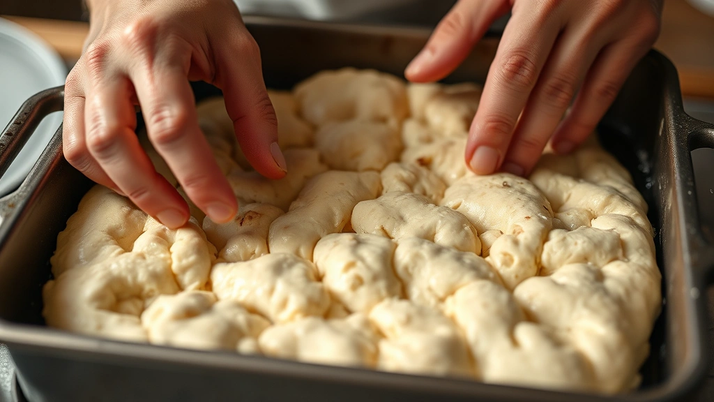 process: hands gently dimpling wet focaccia dough in oiled baking pan, fingers creating characteristic indentations, close-up of technique, warm kitchen lighting, no text
