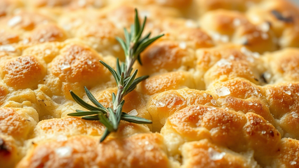 detail: extreme close-up of baked focaccia showing crispy golden crust, dimpled texture, rosemary sprigs, coarse sea salt crystals, oil glistening on surface, macro photography style, natural light, no text