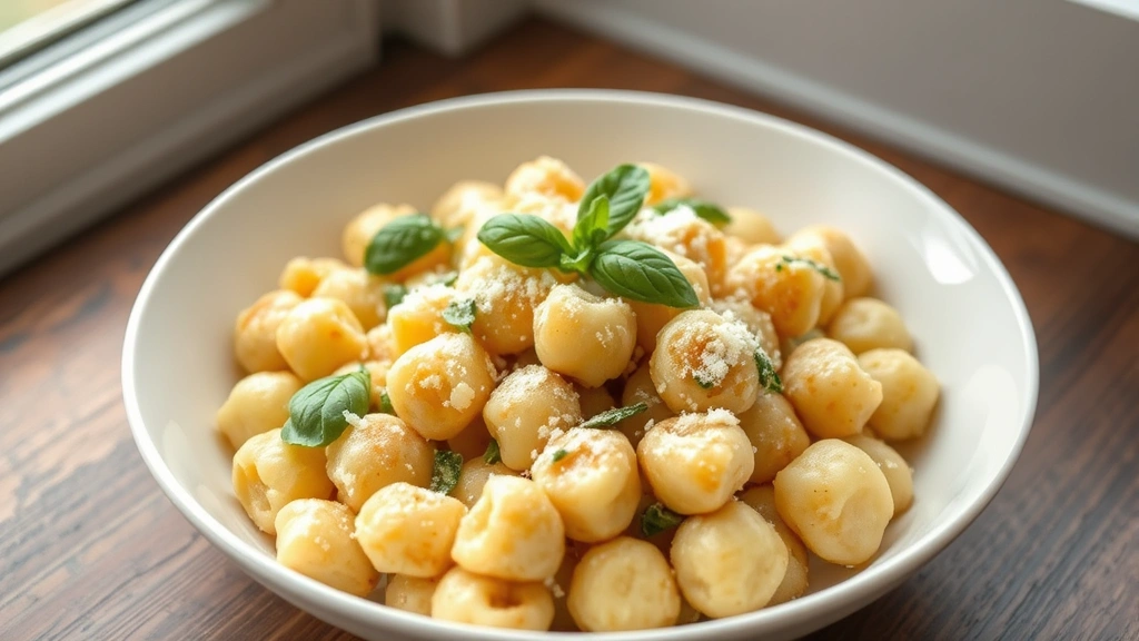 hero: fluffy gluten-free gnocchi served in a white bowl with fresh basil, sage brown butter sauce, and grated Parmesan cheese, photorealistic, natural window light, no text