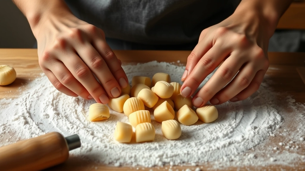 process: hands gently rolling and cutting potato gnocchi dough on a floured surface, showing the ridged fork pattern, photorealistic, natural kitchen light, no text