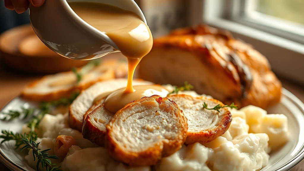 hero: creamy gluten-free gravy being poured over mashed potatoes and roasted turkey, photorealistic, warm natural light, garnished with fresh thyme, no text