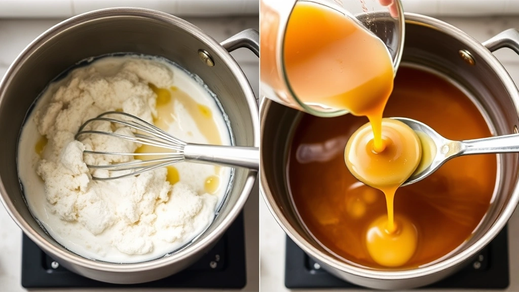 process: whisking cornstarch slurry in saucepan, broth being poured while mixing, photorealistic, bright kitchen lighting, no text