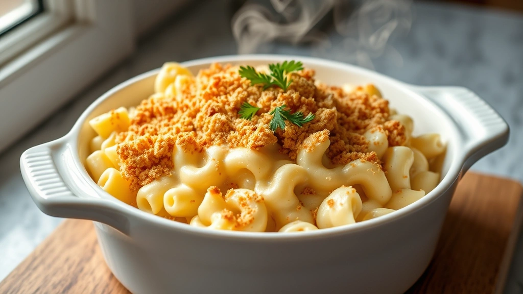 hero: creamy gluten-free mac and cheese in white ceramic baking dish, golden breadcrumb topping, fresh parsley garnish, steam rising, natural window light from left, soft shadows, professional food photography