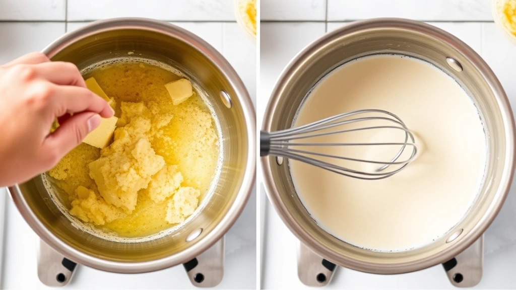 process: hand stirring butter and cornstarch roux in stainless steel saucepan, milk being whisked in, cheese melting, bright kitchen lighting, action shot mid-preparation