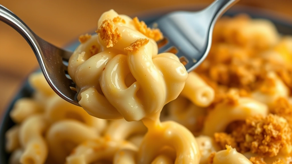 detail: close-up of fork lifting mac and cheese showing creamy sauce coating pasta, golden breadcrumb topping visible, melted cheese strands, shallow depth of field, warm natural light