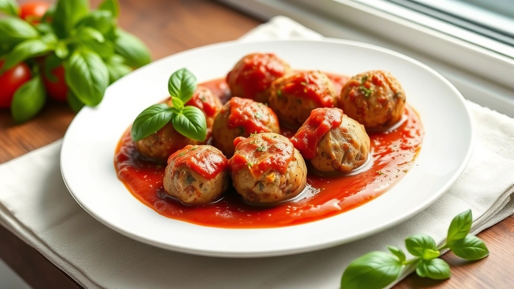hero: homemade gluten-free meatballs on a white plate with marinara sauce and fresh basil garnish, photorealistic, natural window light, no text, elegant plating