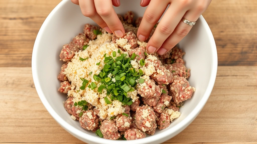 process: hands gently mixing ground meat with breadcrumbs and herbs in a white mixing bowl, photorealistic, natural light, no text, close action shot