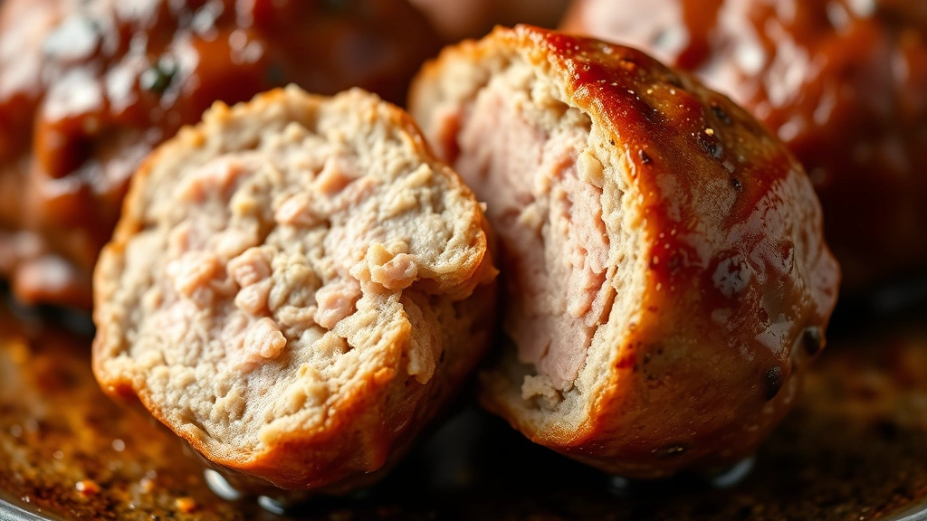 detail: close-up of a single perfectly cooked meatball with golden-brown exterior, cut in half showing tender pink interior, photorealistic, natural light, no text, shallow depth of field