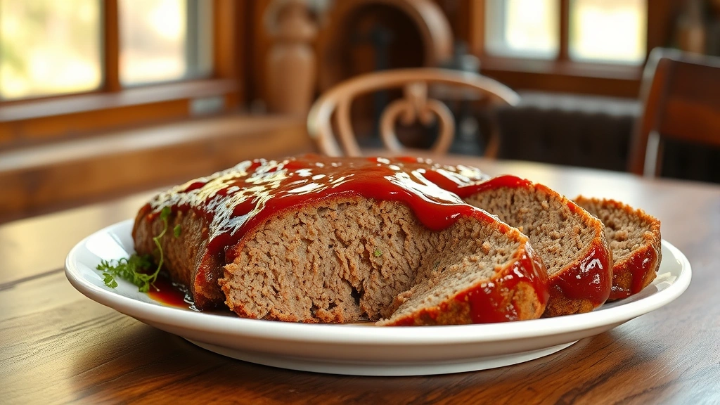 hero: perfectly sliced gluten-free meatloaf with caramelized ketchup glaze on white plate, steam rising, photorealistic, natural window light, wooden table background, no text