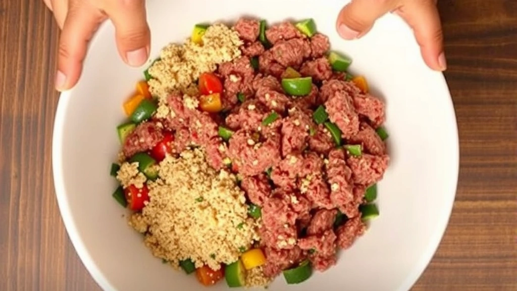 process: hands mixing ground beef with vegetables and breadcrumbs in white bowl, photorealistic, natural kitchen light, overhead angle, no text