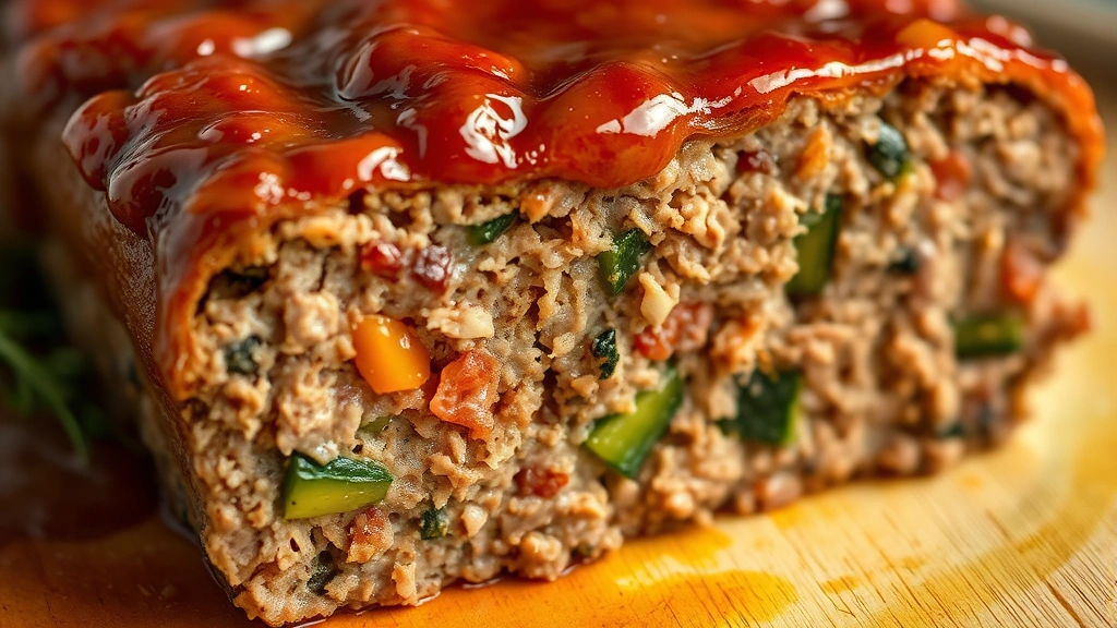 detail: close-up cross-section of meatloaf slice showing moist texture and vegetable pieces, glossy caramelized glaze on top, photorealistic, warm natural light, no text