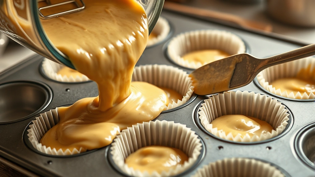 process: pouring thick batter into a muffin tin lined with paper liners, close-up of spatula and batter texture, warm kitchen lighting, photorealistic