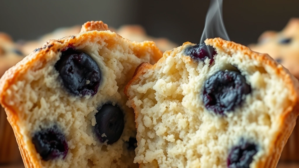 detail: close-up cross-section of a warm gluten-free muffin showing tender crumb structure and blueberries inside, steam rising, natural diffused light, photorealistic