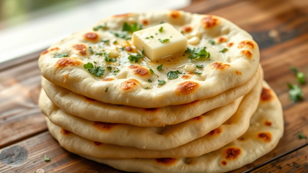hero: stack of warm gluten-free naan bread with garlic and cilantro, golden brown spots, melting butter on top, rustic wooden table, natural window light, close-up overhead shot