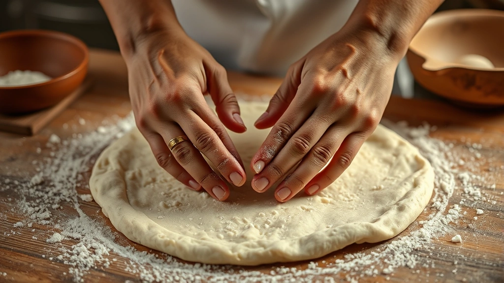 process: hands stretching and flattening naan dough on wooden surface, dusted with rice flour, warm kitchen lighting, action shot