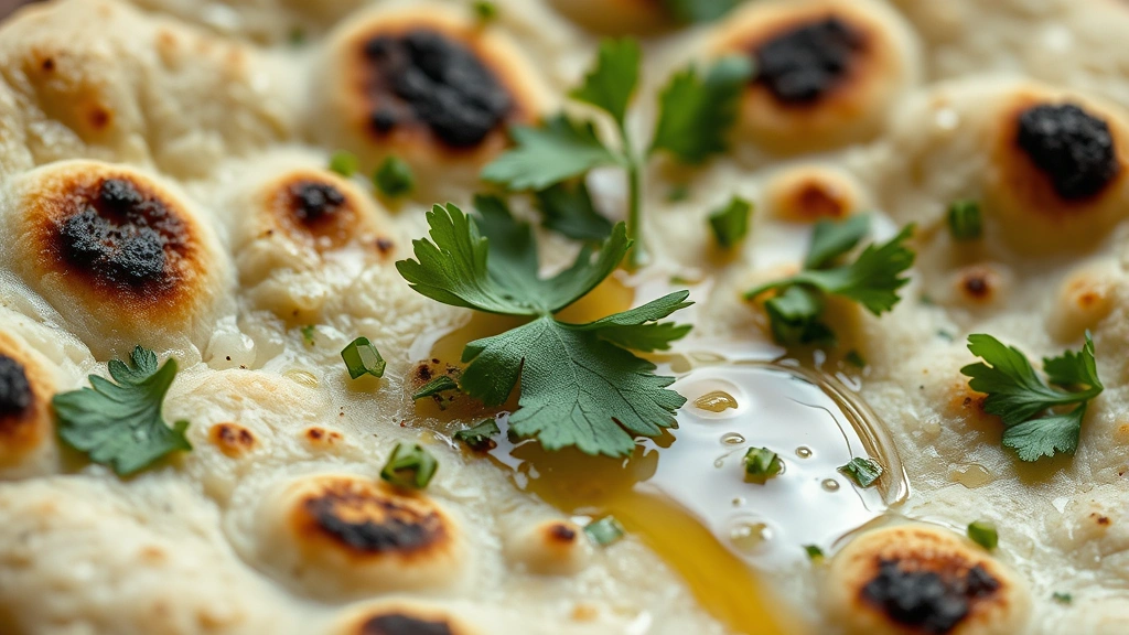 detail: close-up of finished naan with charred spots, fresh cilantro, melted ghee glistening, steam rising, macro photography, soft natural light