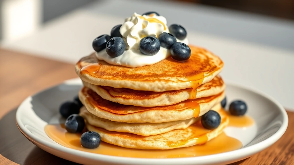 hero: Stack of golden fluffy gluten-free pancakes topped with fresh blueberries, maple syrup, and whipped cream on a white ceramic plate with a warm natural light coming from the left side, no text or watermarks