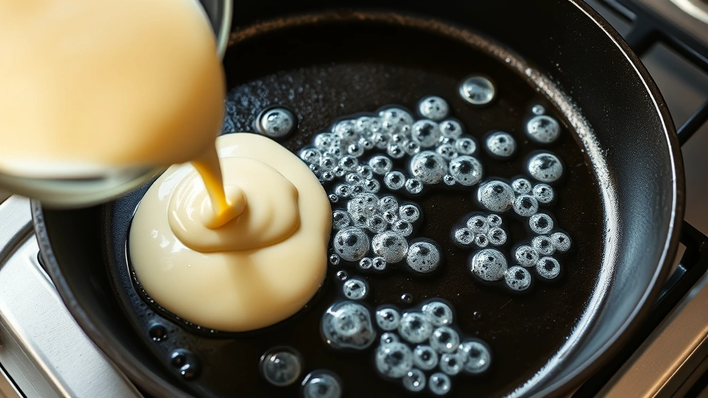 process: Pouring pancake batter onto a buttered cast iron skillet with bubbles forming on the surface, showing the cooking process with warm natural lighting from above, no text