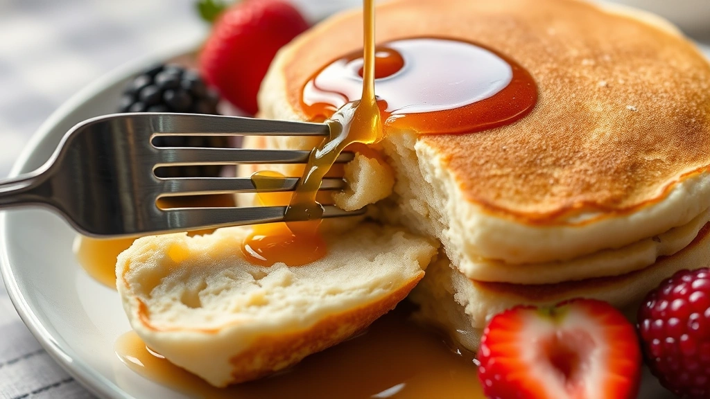 detail: Close-up of a single fluffy pancake being cut with a fork showing the tender inside, with maple syrup dripping down and fresh berries beside it, natural morning light, no text