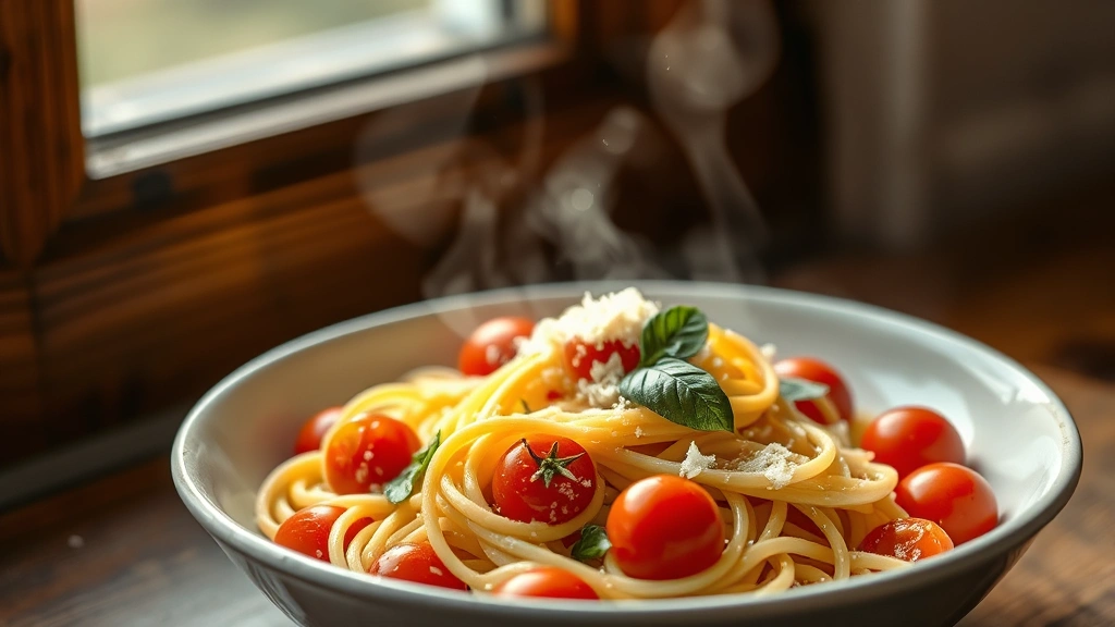 hero: steaming bowl of gluten-free pasta with cherry tomatoes and fresh basil, golden olive oil drizzled on top, Parmesan cheese, natural window light, rustic white ceramic bowl