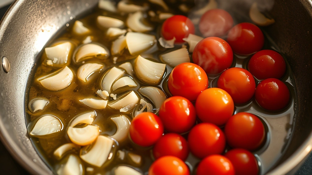 process: garlic slices sizzling in olive oil in a skillet, cherry tomatoes being added, steam rising, warm golden lighting