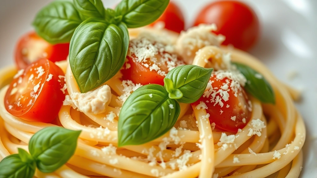 detail: close-up of fresh basil leaves tearing over creamy pasta sauce, cherry tomato halves, grated Parmesan, shallow depth of field