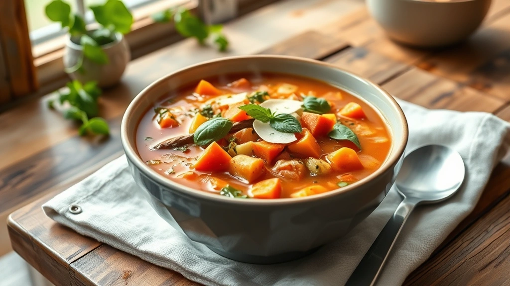 hero: steaming bowl of gluten-free vegetable soup with vibrant carrots, zucchini, and fresh herbs, garnished with parmesan cheese and fresh basil, sitting on a rustic wooden table with napkin, photorealistic, natural window lighting, no text