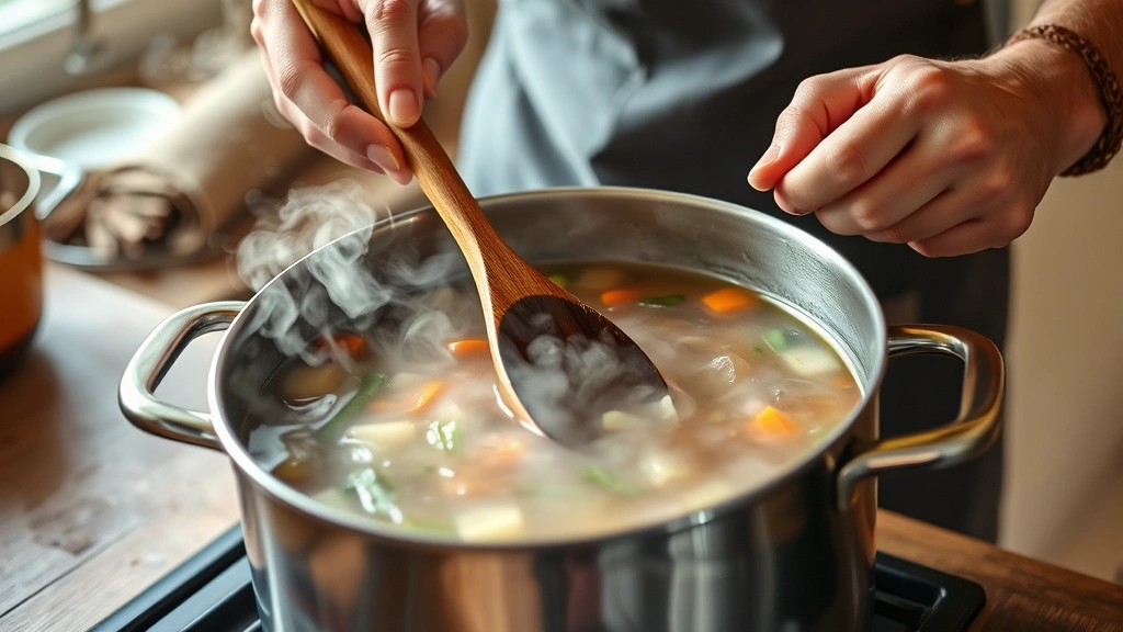 process: chef's hands stirring simmering soup pot with wooden spoon, vegetables visible in broth, steam rising, farmhouse kitchen setting, photorealistic, natural light, no text