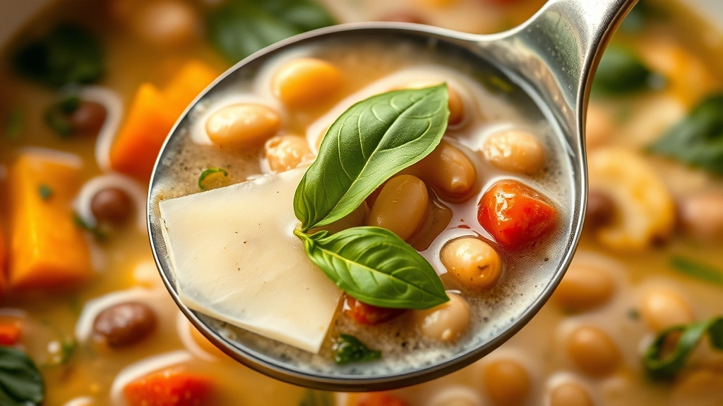detail: close-up of soup ladle filled with vegetables and beans in creamy broth, fresh basil leaf floating, parmesan cheese visible, photorealistic, natural backlighting, no text