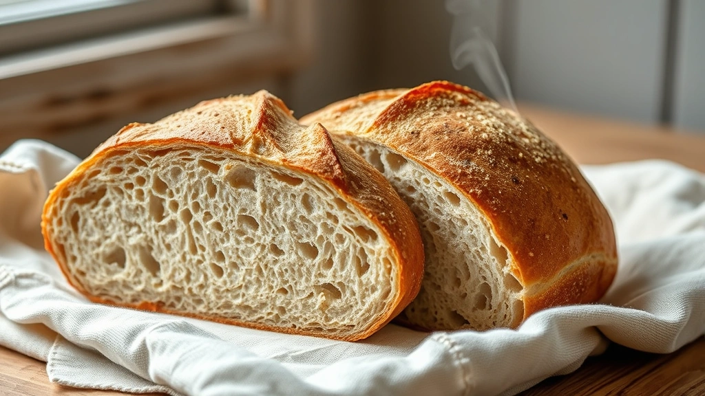 hero: golden-brown gluten-free sourdough loaf with crispy scored crust, cut in half showing airy crumb structure, resting on linen cloth with steam rising, natural window light, artisanal bakery style photography, no text or watermarks