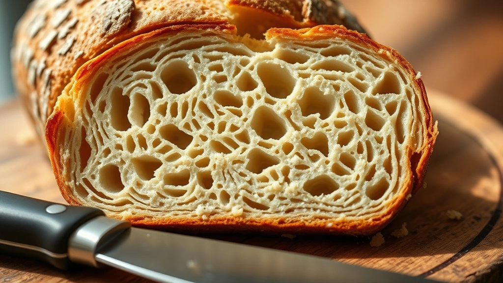 detail: close-up macro shot of gluten-free sourdough crumb cross-section showing air pockets and texture, slice on wooden board with knife, warm natural light highlighting golden interior, no text or watermarks