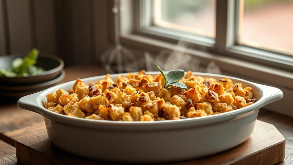 hero: golden-brown gluten-free stuffing in white ceramic baking dish, fresh sage garnish on top, warm natural window lighting, rustic wooden table background, steam rising slightly, professional food photography