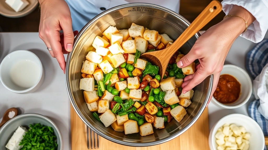 process: chef's hands mixing bread cubes with sautéed vegetables in large mixing bowl, natural light from above, wooden spoon visible, ingredients in small bowls nearby, farmhouse kitchen setting