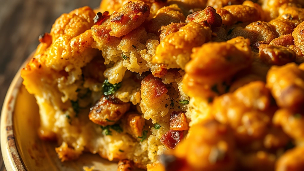 detail: close-up cross-section of baked stuffing showing moist interior with visible bread pieces and herbs, golden crispy top layer, shallow depth of field, warm golden hour lighting, textured background