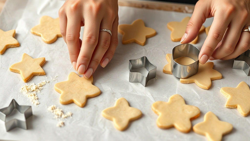 process: hands cutting sugar cookie shapes from rolled gluten-free dough with metal cookie cutters on parchment paper, photorealistic, bright natural light, no text