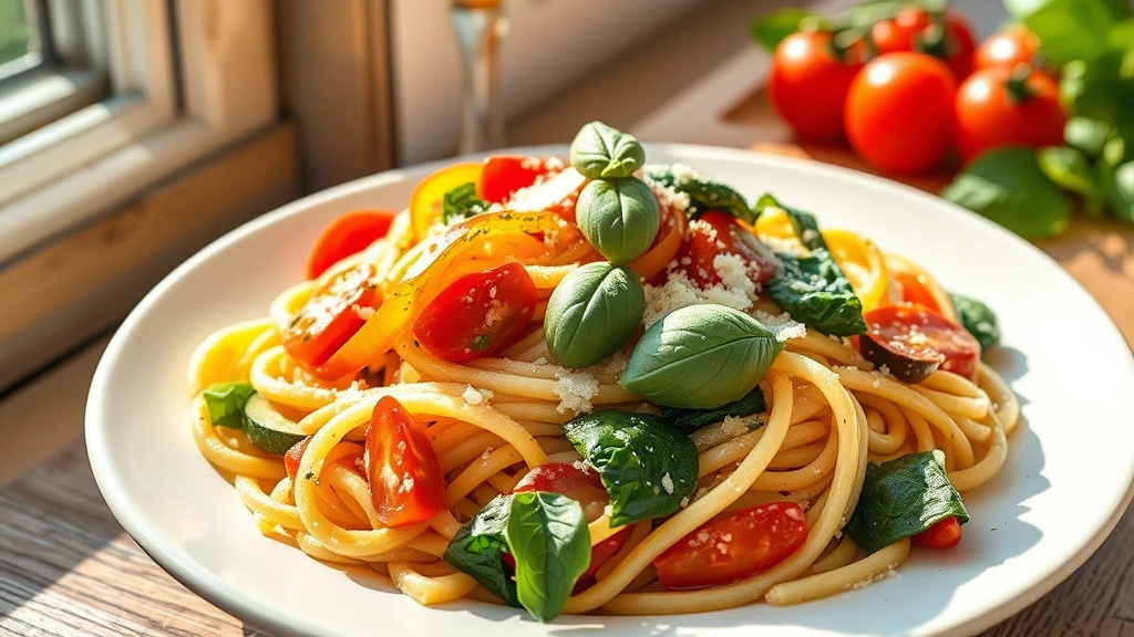 hero: creamy gluten-free vegetarian pasta with colorful bell peppers, zucchini, cherry tomatoes, and fresh spinach, garnished with basil and Parmesan, photorealistic, natural sunlit kitchen window lighting, no text, elegant plating on white ceramic plate
