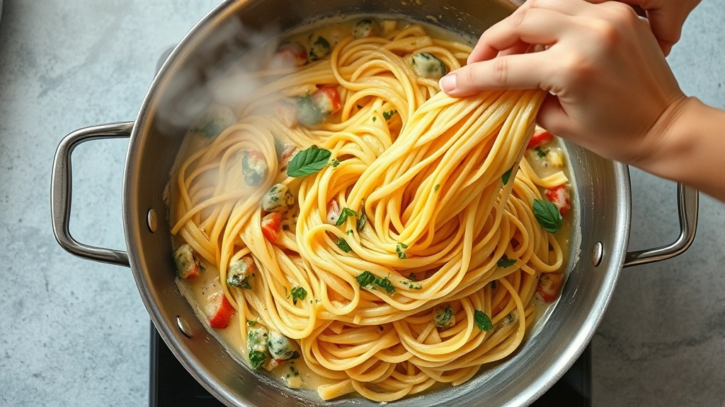 process: hands tossing pasta with creamy vegetable sauce in stainless steel skillet, steam rising, fresh herbs visible, photorealistic, natural light from above, no text, showing the moment of combining pasta with sauce