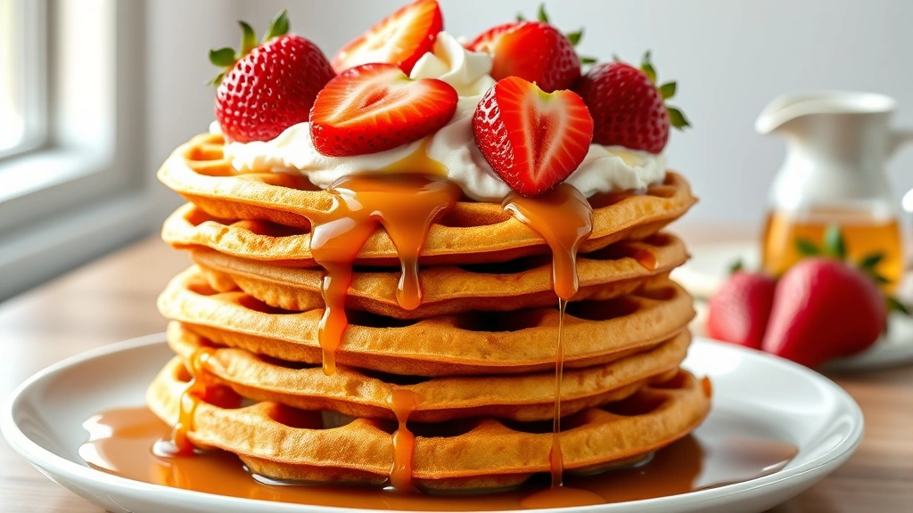 hero: stack of golden-brown gluten-free waffles topped with fresh strawberries, whipped cream, and maple syrup dripping down the sides, photorealistic, natural morning light streaming from left, no text
