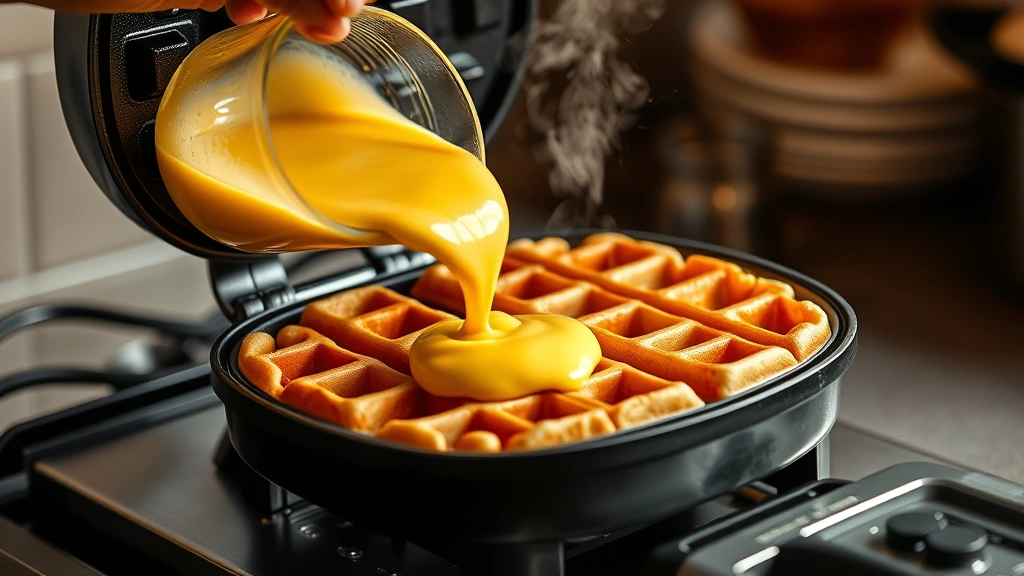 process: hand pouring golden batter into a preheated waffle iron, steam rising, photorealistic, warm kitchen lighting, no text