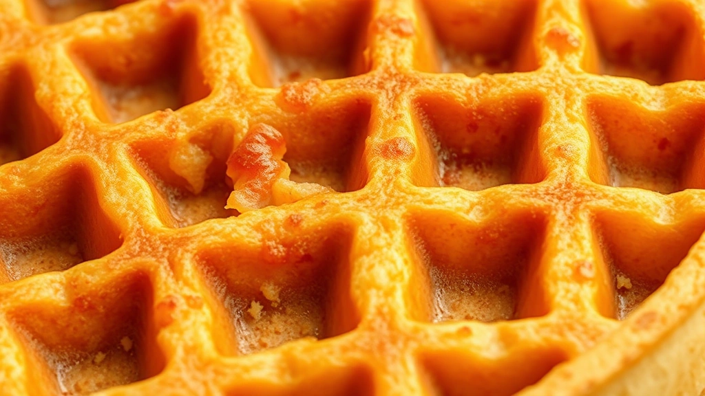 detail: close-up of waffle surface showing crispy golden exterior texture and fluffy interior, photorealistic, natural light, no text
