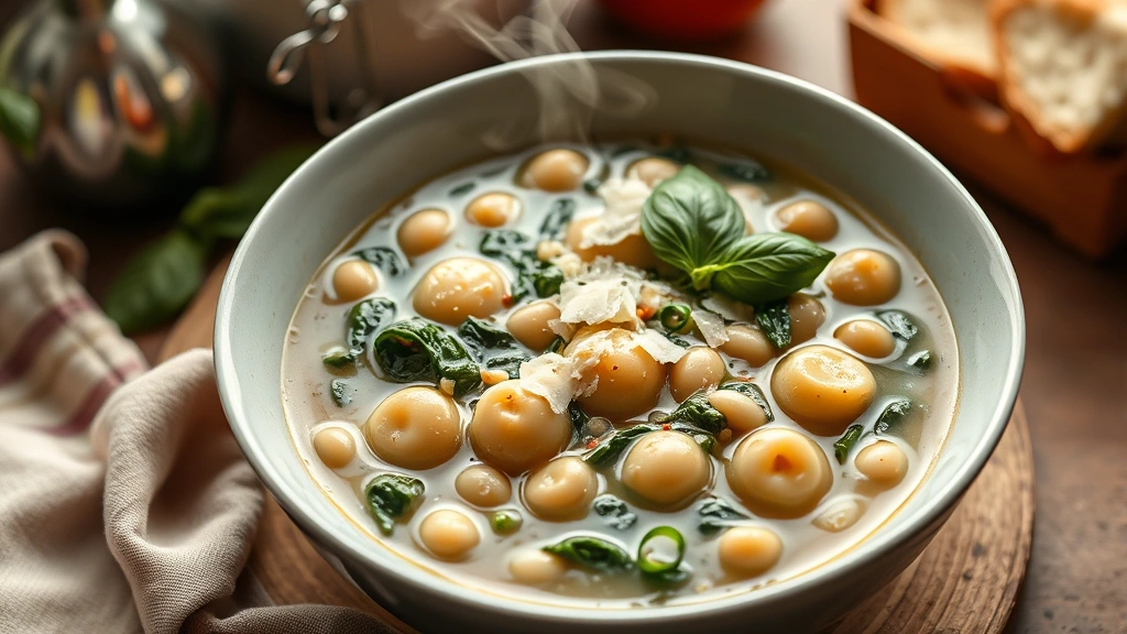 hero: steaming bowl of gnocchi soup with spinach and white beans, garnished with fresh basil and parmesan, photorealistic, warm natural light from above, no text, cozy kitchen setting