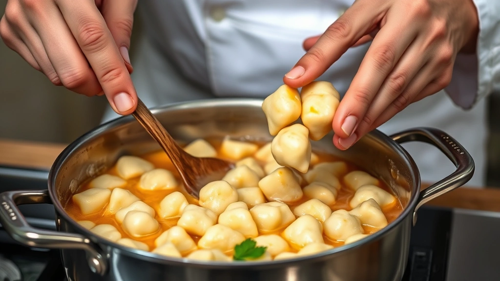 process: chef's hands gently adding gnocchi to simmering broth with wooden spoon, photorealistic, natural light, no text, showing the delicate texture of gnocchi
