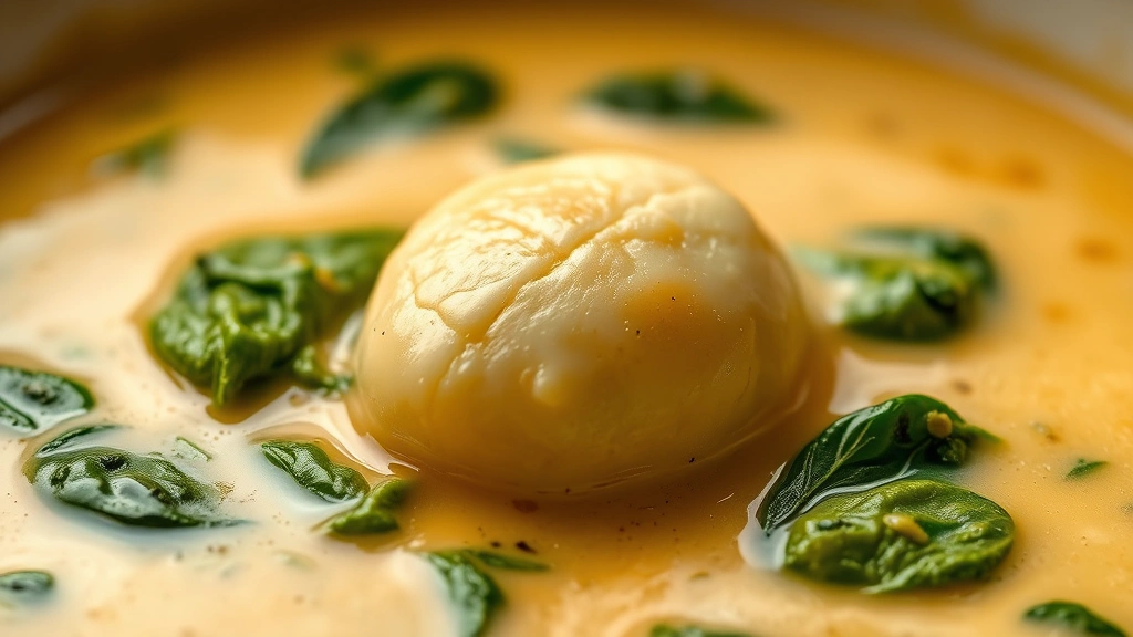 detail: close-up macro shot of single gnocchi dumpling in creamy broth with fresh spinach, photorealistic, warm lighting, no text, showing texture and steam