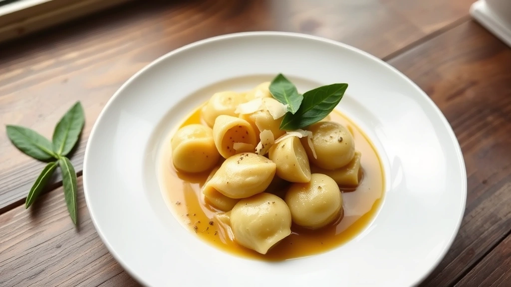 hero: finished gnudi with brown butter sage sauce on a white plate, garnished with fresh sage leaves and Parmesan shavings, natural window light, rustic wooden table background, no text