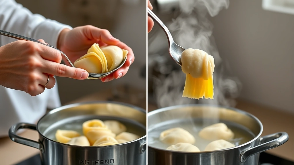 process: hands shaping gnudi with two spoons over boiling water, steam rising, close-up shot, natural kitchen light, no text