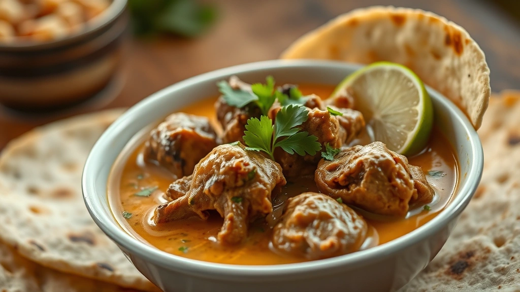 hero: steaming bowl of goat meat curry with tender meat chunks in creamy coconut sauce, garnished with fresh cilantro and lime, served with roti bread, photorealistic, warm natural lighting, shallow depth of field, no text