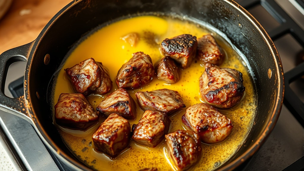 process: searing goat meat chunks in ghee in cast iron pot creating golden crust, aromatic spices visible, cooking steam rising, photorealistic, natural kitchen lighting, no text